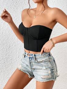 Allurite 素色緊身上衣短款抹胸上衣 - 黑色 - 查看 5