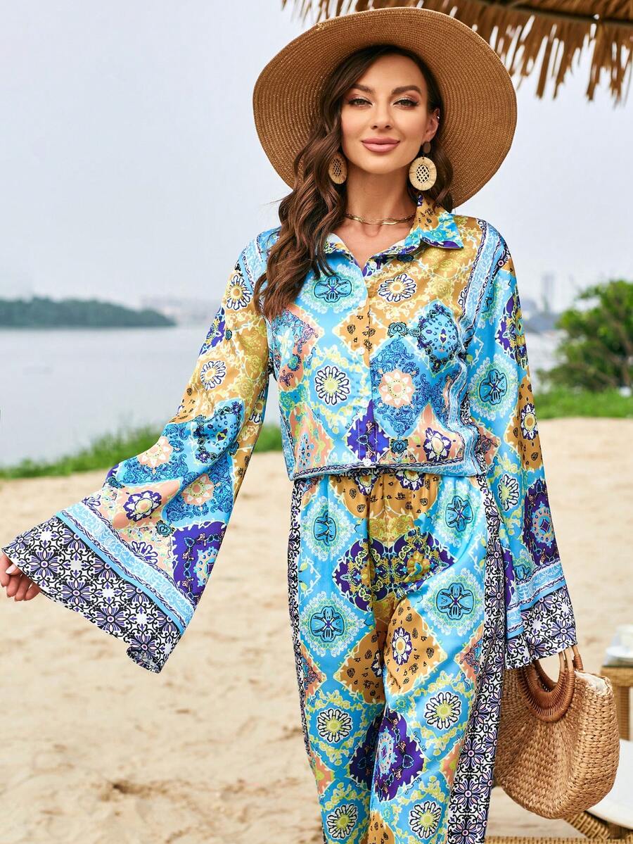 SHEIN VCAY 圍巾圖案荷葉袖襯衫 - 彩色 - 查看 1