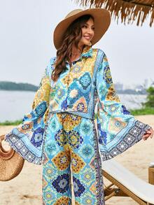 SHEIN VCAY 圍巾圖案荷葉袖襯衫 - 彩色 - 查看 4