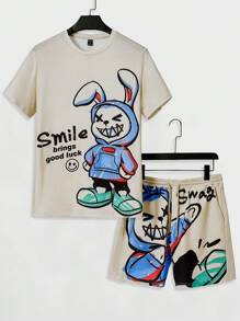 Manfinity VCAY Men Cartoon & Slogan Graphic Tee & Drawstring Waist Shorts - Beige - View 1