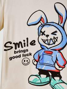 Manfinity VCAY Men Cartoon & Slogan Graphic Tee & Drawstring Waist Shorts - Beige - View 3