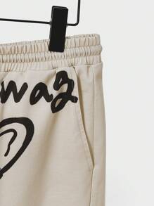 Manfinity VCAY Men Cartoon & Slogan Graphic Tee & Drawstring Waist Shorts - Beige - View 4