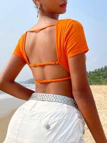 SHEIN ICON Neon Orange Cut Out Backless Crop Top - Orange - View 1