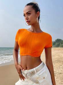 SHEIN ICON Neon Orange Cut Out Backless Crop Top - Orange - View 3