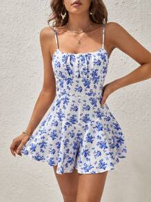 Soleia 印花胸部褶皺吊帶裙裤連身短褲 - 藍白色 - 查看 1