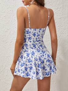 Soleia 印花胸部褶皺吊帶裙裤連身短褲 - 藍白色 - 查看 2