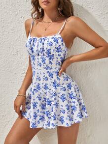 Soleia 印花胸部褶皺吊帶裙裤連身短褲 - 藍白色 - 查看 5