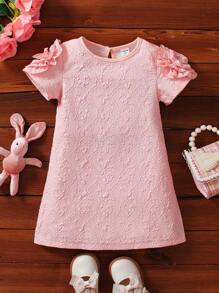 SHEIN Young Girl Appliques Shoulder Keyhole Back Dress - Pink - View 1