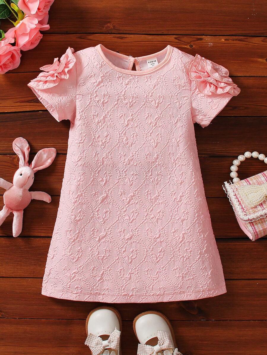 SHEIN Young Girl Appliques Shoulder Keyhole Back Dress - Pink - View 1