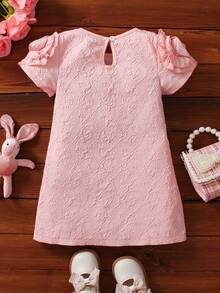 SHEIN Young Girl Appliques Shoulder Keyhole Back Dress - Pink - View 2