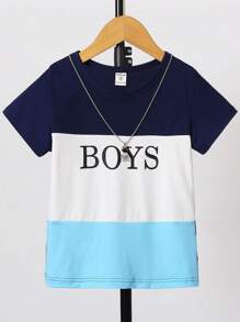 SHEIN Áo thun ngắn tay bé trai, dáng rộng, khối màu, thời trang mùa hè, áo thường ngày in hình cho trẻ mới biết đi - Xanh và trắng - Xem 1