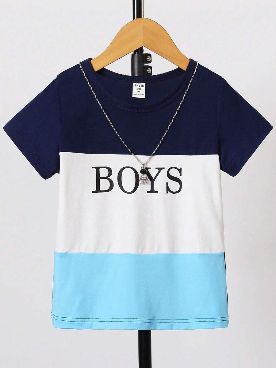 SHEIN Áo thun ngắn tay bé trai, dáng rộng, khối màu, thời trang mùa hè, áo thường ngày in hình cho trẻ mới biết đi - Xanh và trắng - Xem 1