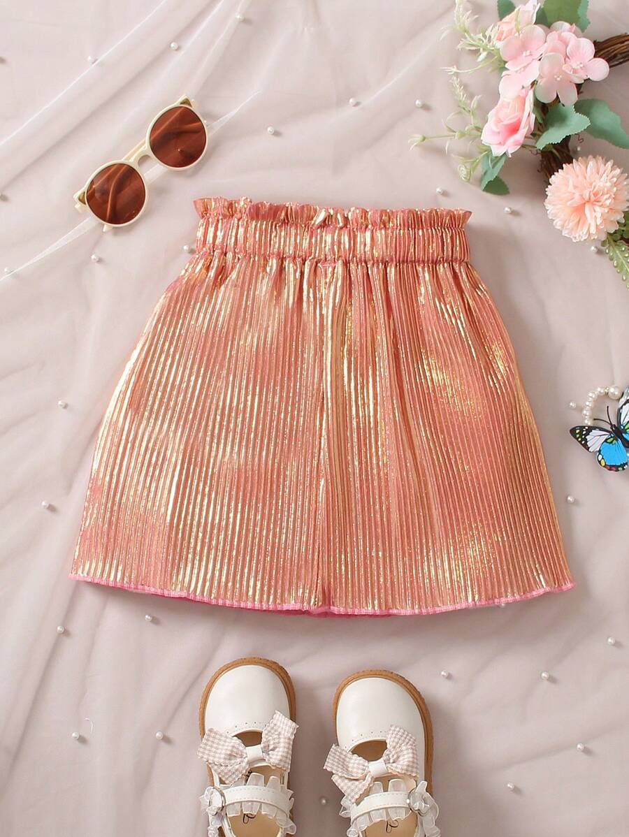 少女優雅彩色粉色短裙，褶皺腰短，適合派對、生日、表演和夏季 - 粉色 - 查看 1