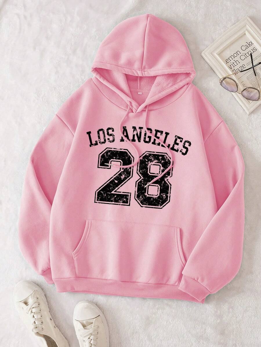 SHEIN EZwear 字母圖案袋鼠口袋抽繩保暖連帽衫 - 粉色 - 查看 1