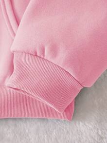 SHEIN EZwear 字母圖案袋鼠口袋抽繩保暖連帽衫 - 粉色 - 查看 4