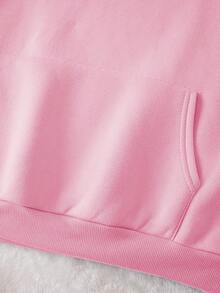 SHEIN EZwear 字母圖案袋鼠口袋抽繩保暖連帽衫 - 粉色 - 查看 5