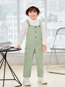 SHEIN 男童休閒寬鬆透氣薄荷綠背帶褲可調節肩帶和口袋