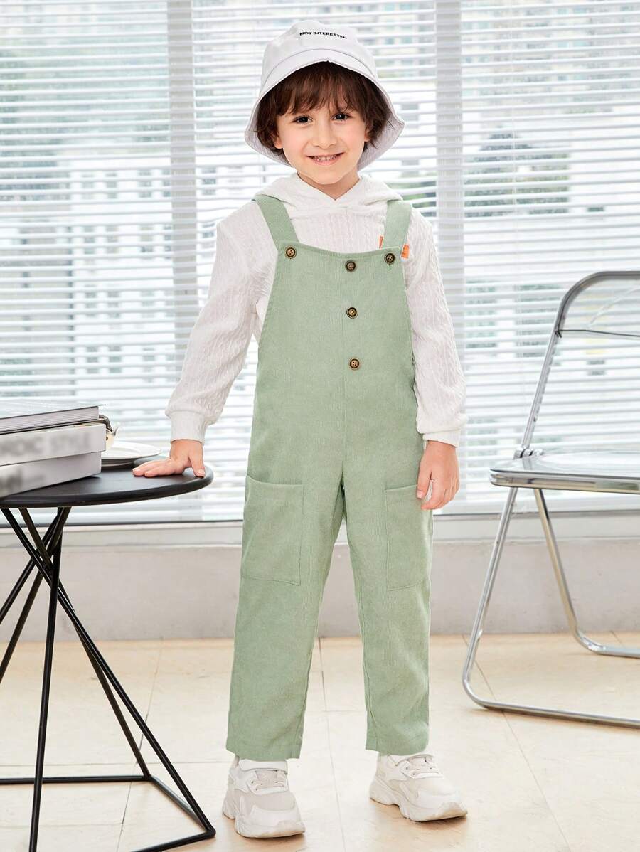 SHEIN 男童休閒寬鬆透氣薄荷綠背帶褲可調節肩帶和口袋