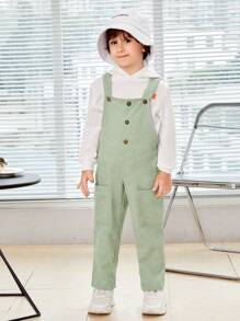 SHEIN 男童休閒寬鬆透氣薄荷綠背帶褲可調節肩帶和口袋