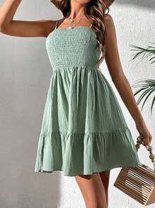 SHEIN WYWH 素色荷葉邊吊帶連衣裙 - 橄欖綠 - 查看 4