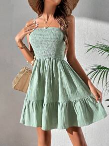 SHEIN WYWH 素色荷葉邊吊帶連衣裙 - 橄欖綠 - 查看 6