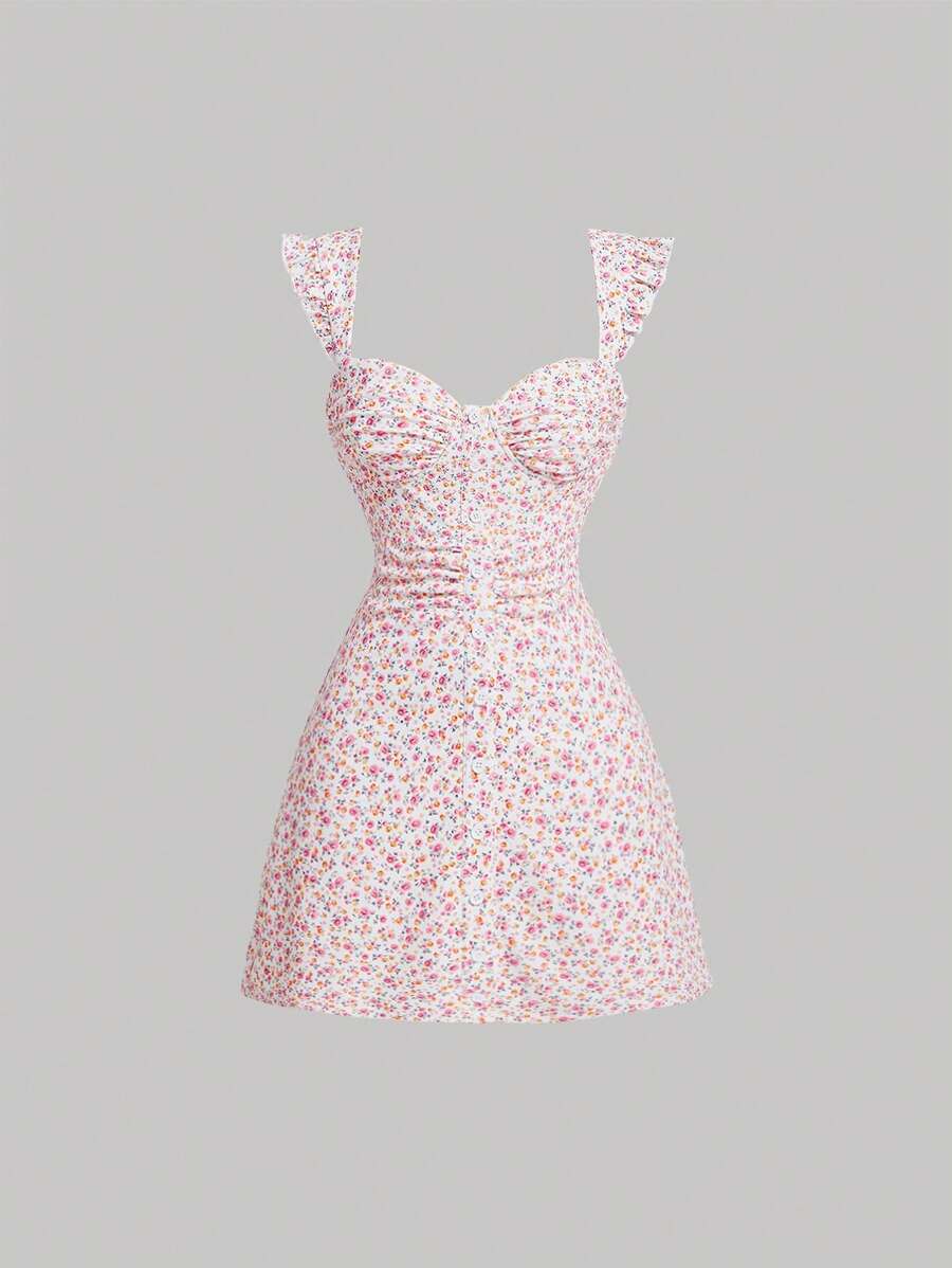 SHEIN MOD Vestido con estampado floral ribete con fruncido fruncido - Multicolor - Ver 1