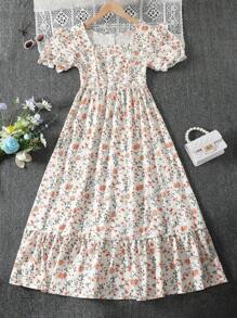 SHEIN Unity 1pc Ditsy Floral Print Puff Sleeve Ruffle Hem Dress - Apricot - View 1