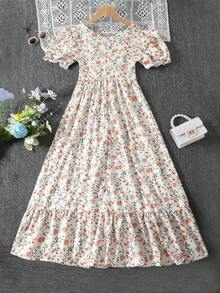 SHEIN Unity 1pc Ditsy Floral Print Puff Sleeve Ruffle Hem Dress - Apricot - View 2