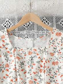 SHEIN Unity 1pc Ditsy Floral Print Puff Sleeve Ruffle Hem Dress - Apricot - View 4