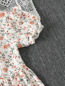 SHEIN Unity 1pc Ditsy Floral Print Puff Sleeve Ruffle Hem Dress - Apricot - View 5