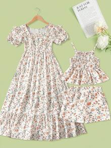 SHEIN Unity 1pc Ditsy Floral Print Puff Sleeve Ruffle Hem Dress - Apricot - View 7