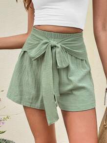 SHEIN VCAY Tie Front Wide Leg Shorts - Mint Green - View 1