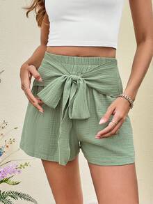SHEIN VCAY Tie Front Wide Leg Shorts - Mint Green - View 4