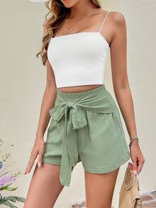 SHEIN VCAY Tie Front Wide Leg Shorts - Mint Green - View 6