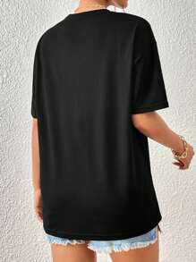 INAWLY Solid Round Neck Tee - Black - View 2