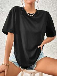 INAWLY Solid Round Neck Tee - Black - View 3