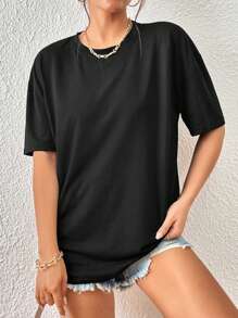 INAWLY Solid Round Neck Tee - Black - View 4