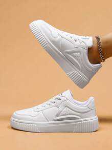 秋冬女士运动滑板鞋，字母图案系带户外运动鞋 - 白色 - 查看 3