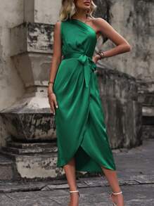 Breezaya Đầm Thắt lưng Trọn gói màu trơn Thanh lịch - màu xanh lá - Xem 5