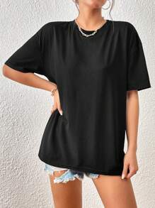 INAWLY Solid Round Neck Tee - Black - View 5