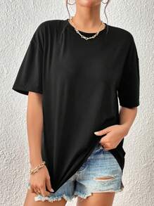 INAWLY Solid Round Neck Tee - Black - View 6