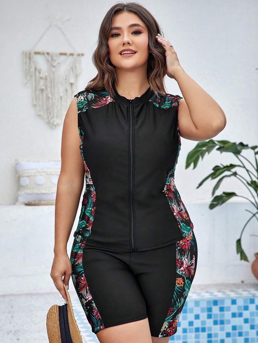 SHEIN Swim Curve Plus Size Tropical Print Zip Front Tankini Summer Beach - Black - View 1