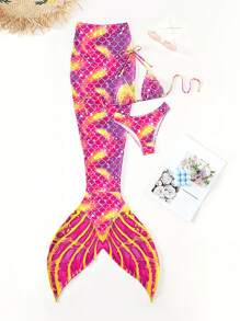 魚鱗掛脖三角杯比基尼泳裝附罩衫 - 彩色 - 查看 3