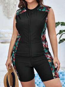 SHEIN Swim Curve Plus Size Tropical Print Zip Front Tankini Summer Beach - Black - View 5