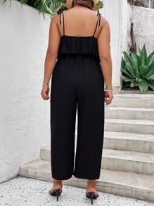 SHEIN Clasi 大碼肩上打結荷葉邊吊帶連體褲 - 黑色 - 查看 2