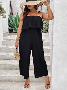 SHEIN Clasi 大碼肩上打結荷葉邊吊帶連體褲 - 黑色 - 查看 3