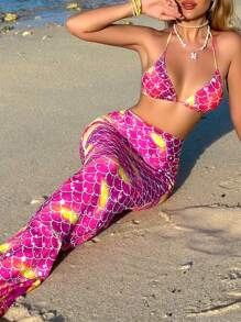 魚鱗掛脖三角杯比基尼泳裝附罩衫 - 彩色 - 查看 8