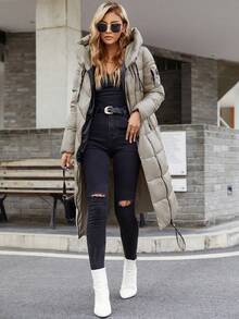 HaiLuoZi Patched Detail Zipper Up Hooded Padded Coat