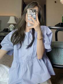 Camisa babydoll unicolor de manga farol - Celeste - Ver 1