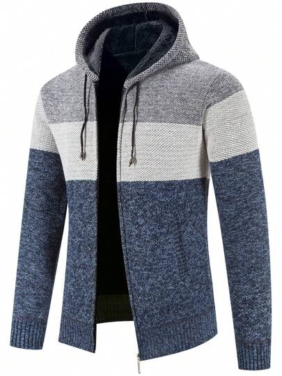 Manfinity Homme Men Colorblock Drawstring Hooded Zipper Thermal Cardigan Color Block Urban Fashion Husband, Fall/Winter, Long Sleeve Top